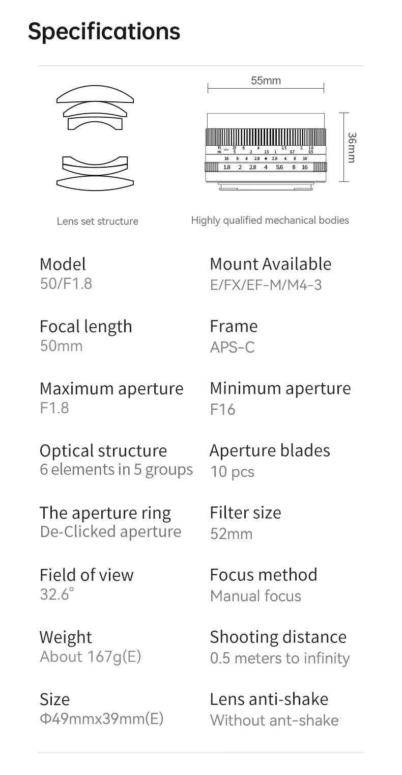 Lente 50mm 7 artisans 50mm F1.8 | Sony E, Canon EOS-M, FUJIFILM X,  Micro 4/3 Mirrorless